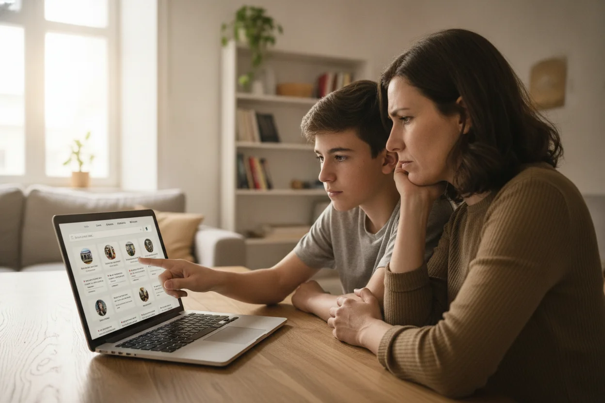 Una madre y su hijo comparan opciones de formación en el portátil desde casa