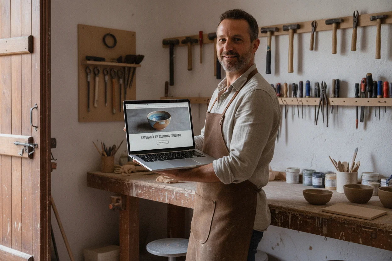 Artesano ceramista sonriente mostrando en su portátil, dentro de su taller, la web recién terminada de su negocio