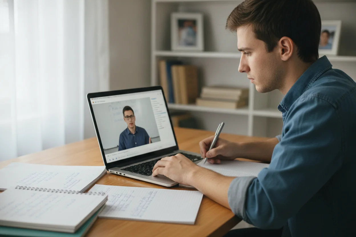 Estudiante siguiendo una clase online y tomando apuntes en casa
