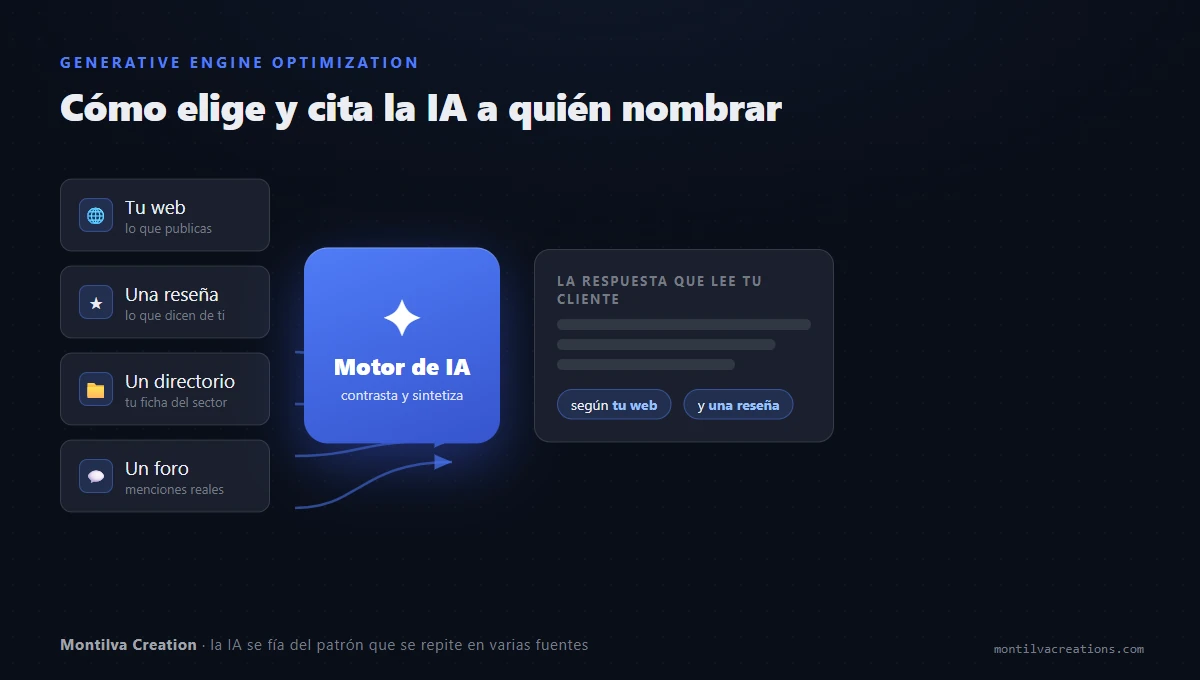 Diagrama de cómo un motor de IA recopila varias fuentes y cita a unas pocas en su respuesta