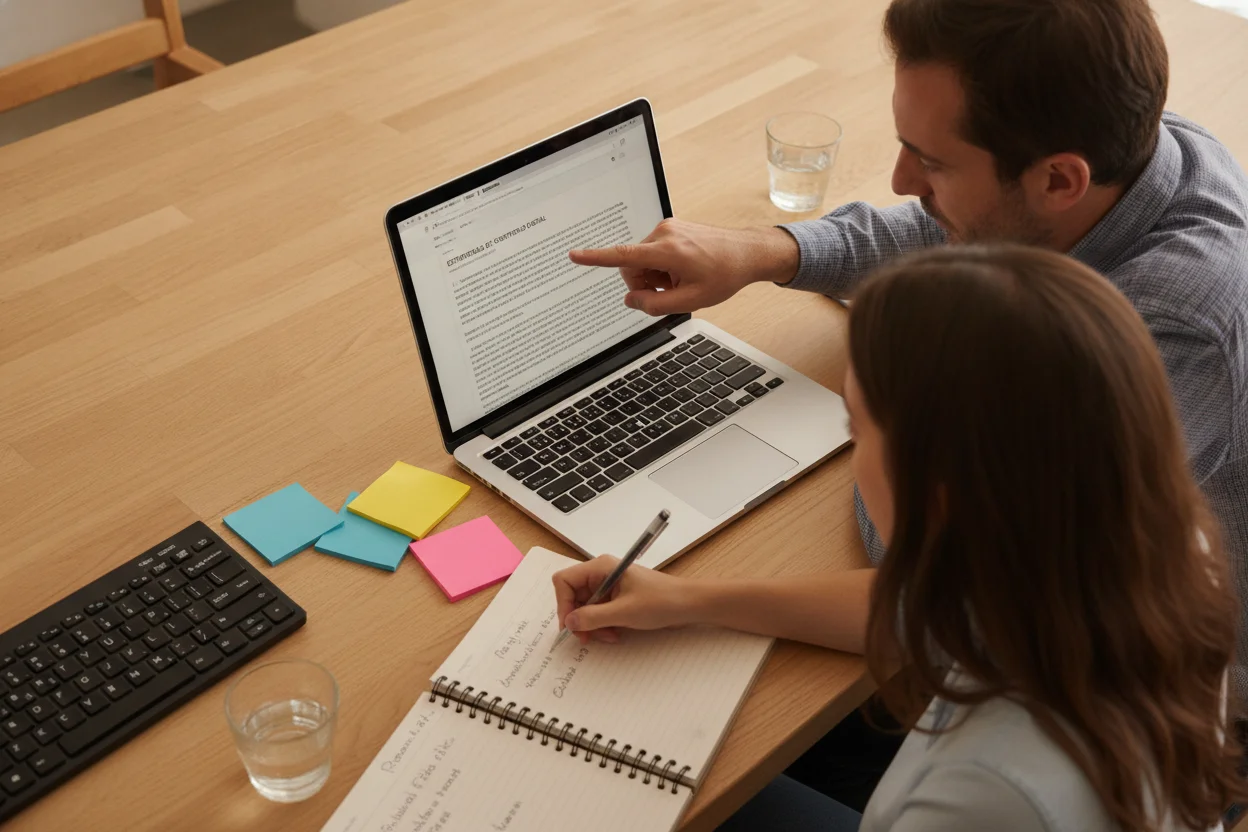 Dos compañeros revisan juntos la estructura del contenido de una página web en un portátil