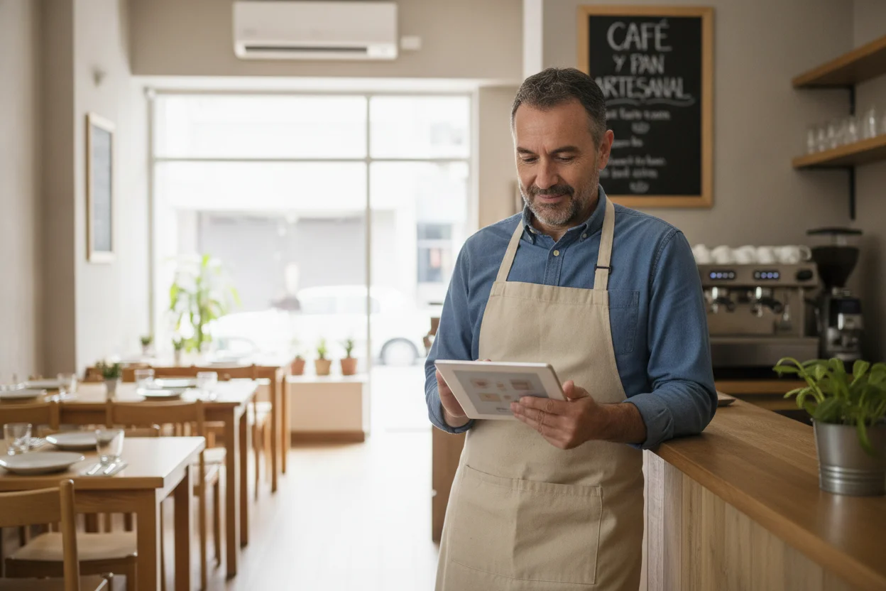 Dueño de una cafetería mirando su web en una tablet con gesto tranquilo dentro de su local