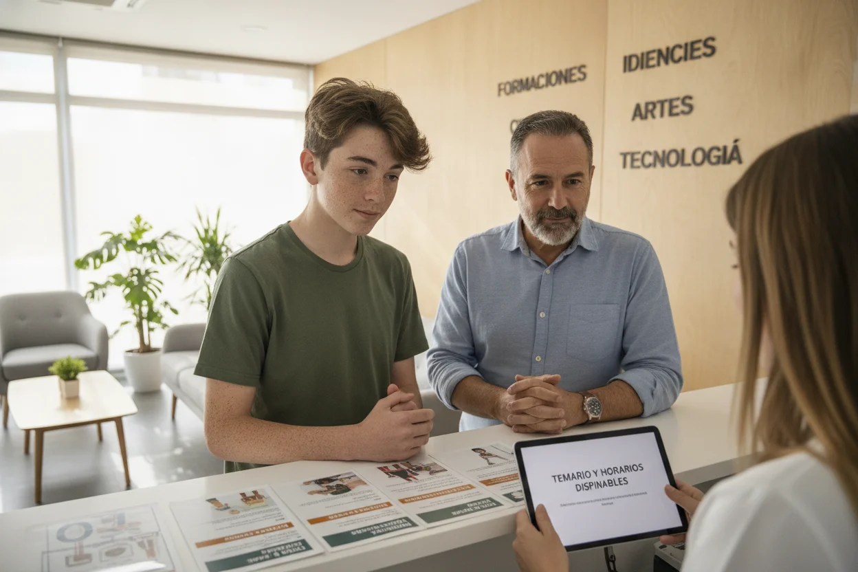 Padre e hijo adolescente en la recepción de una academia escuchando a una asesora que les muestra el temario y los horarios en una tablet, decidiendo la matrícula.