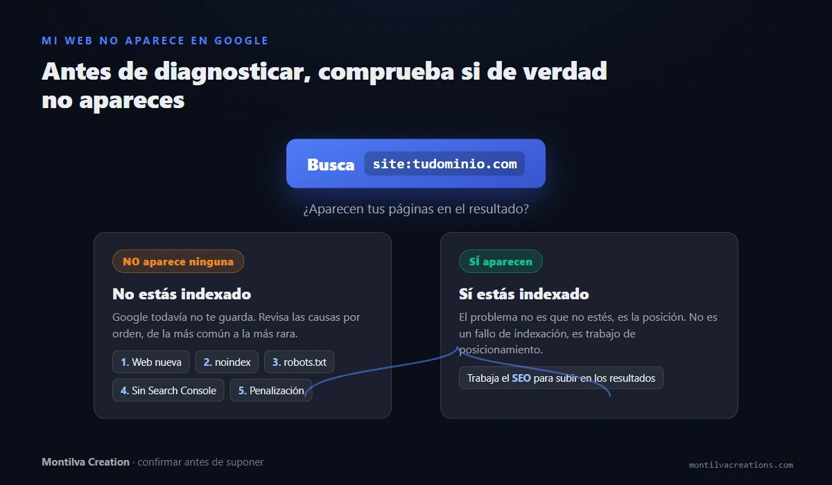 Árbol de diagnóstico que muestra qué comprobar según el resultado del comando site en Google