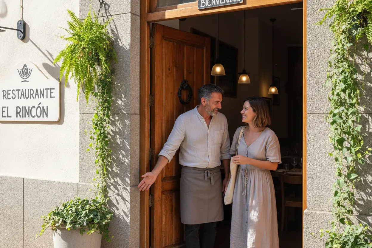Dueño de un restaurante recibiendo con una sonrisa a una clienta en la puerta de su local