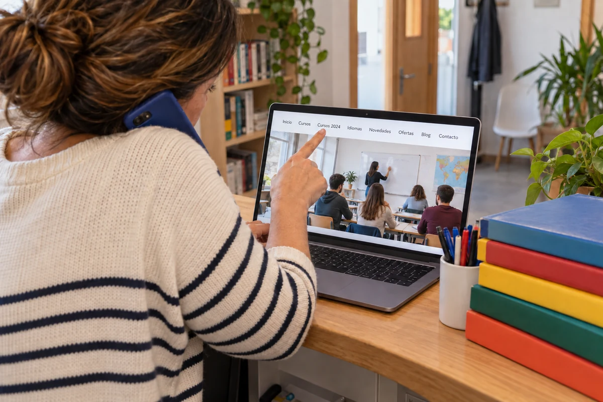 Dueña de una academia al teléfono recorre el menú desordenado de su web