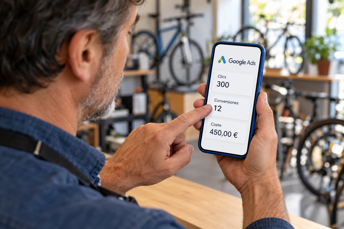 Dueño de una tienda señalando las conversiones de su campaña en Google Ads