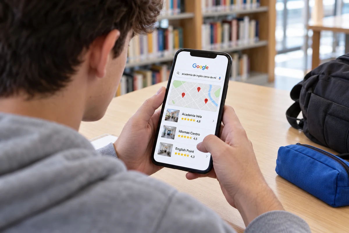 Estudiante busca en Google una academia de inglés cercana desde una biblioteca