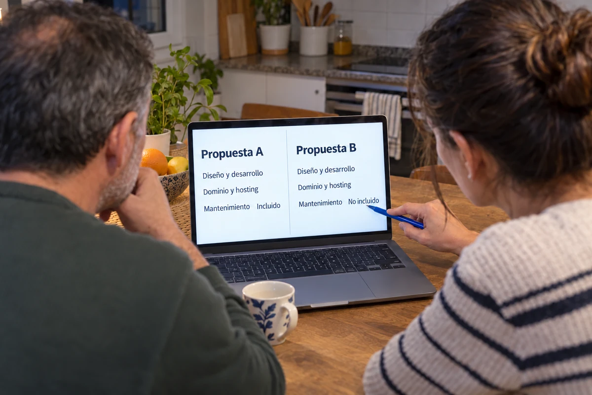 Pareja compara dos propuestas de web y señala el mantenimiento no incluido