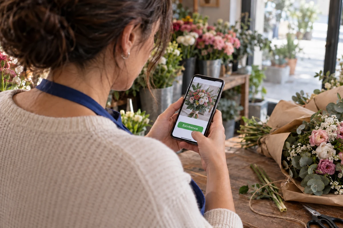 Florista prueba en su móvil el botón Escríbenos de la web nueva de su tienda