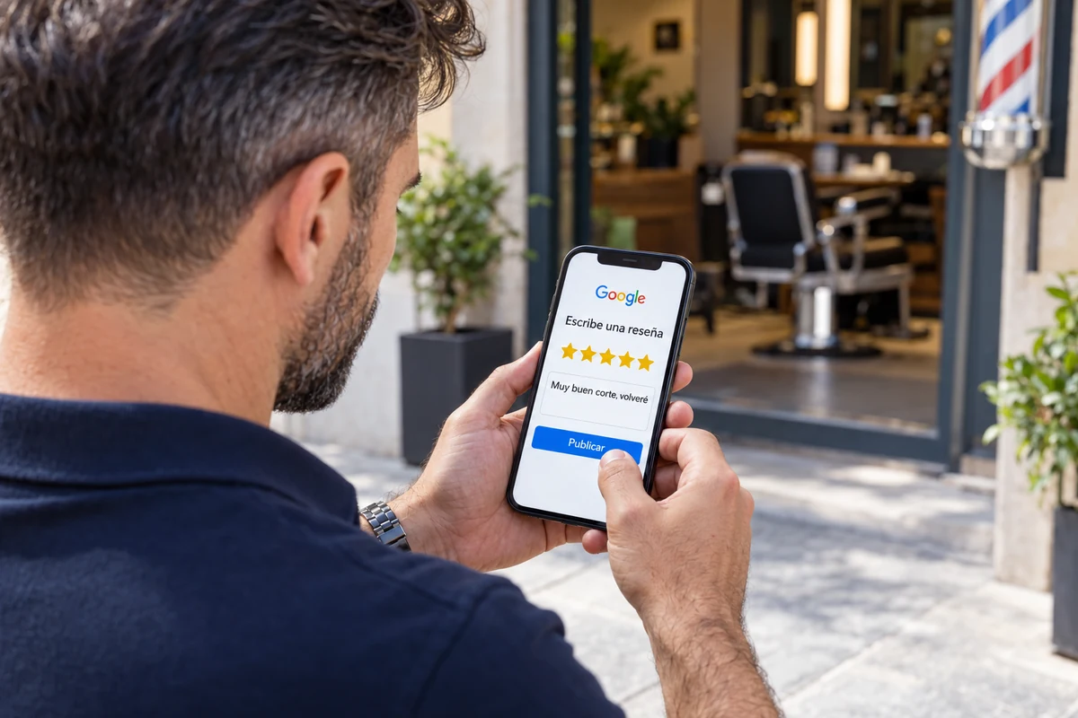 Cliente escribe una reseña de cinco estrellas en Google al salir de la barbería