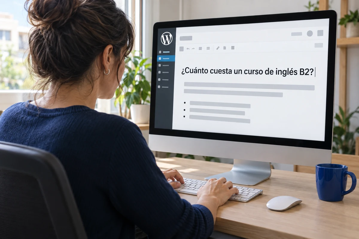Redactora escribe en WordPress un encabezado con la pregunta que hacen sus alumnos