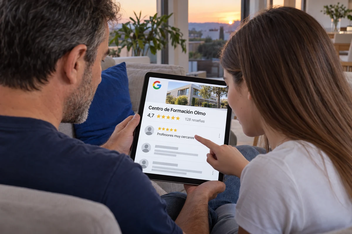 Padre e hija leen en una tableta las reseñas de Google de un centro