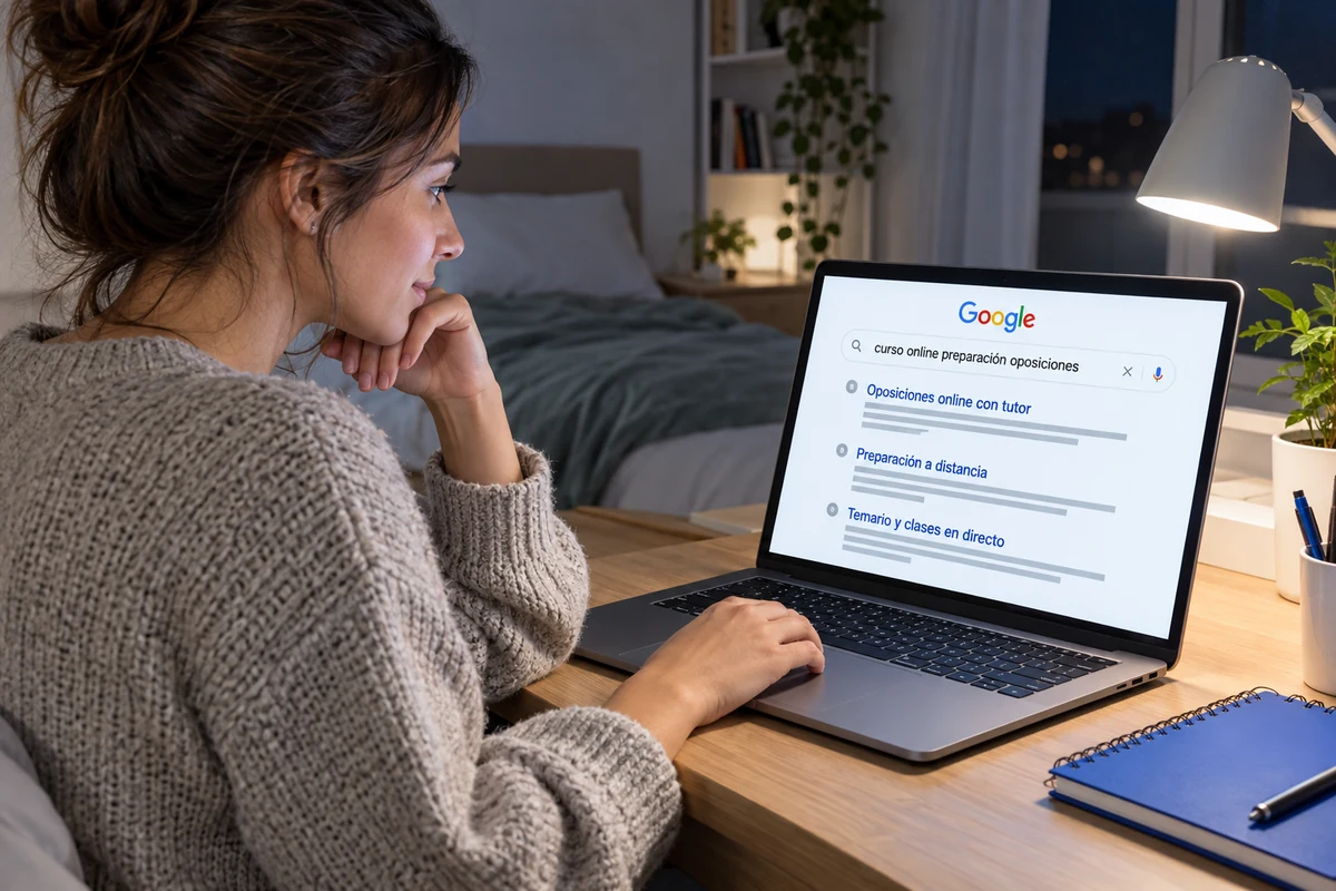 Mujer busca en Google un curso online de preparación de oposiciones por la noche