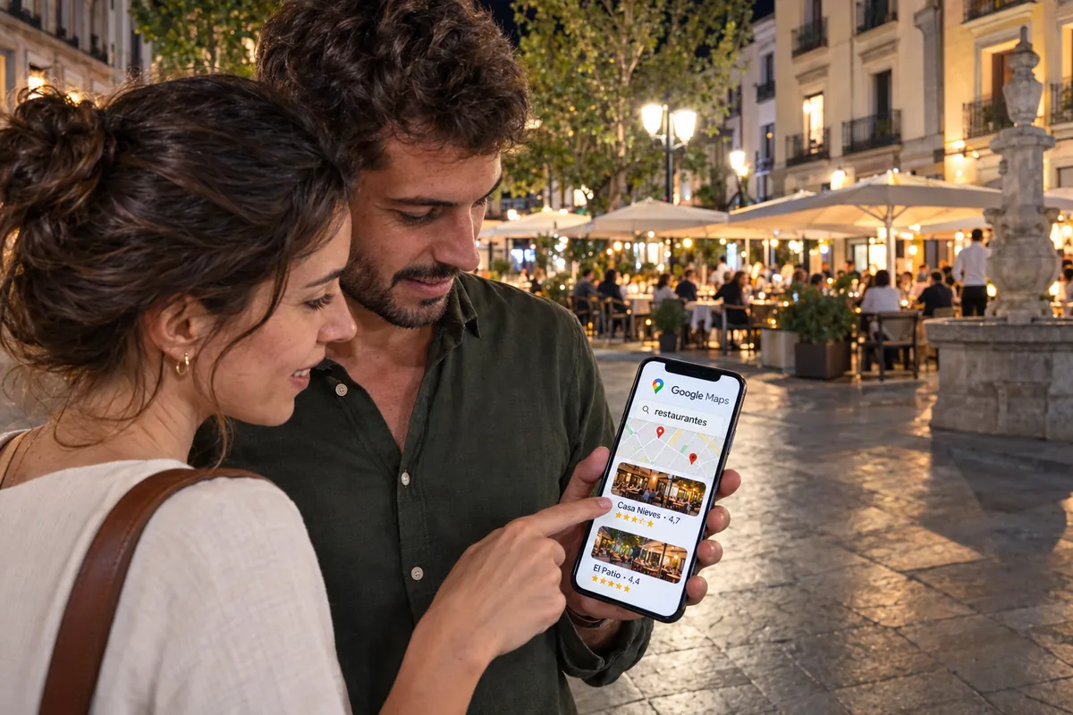 Pareja de turistas elige restaurante en Google Maps en una plaza de noche